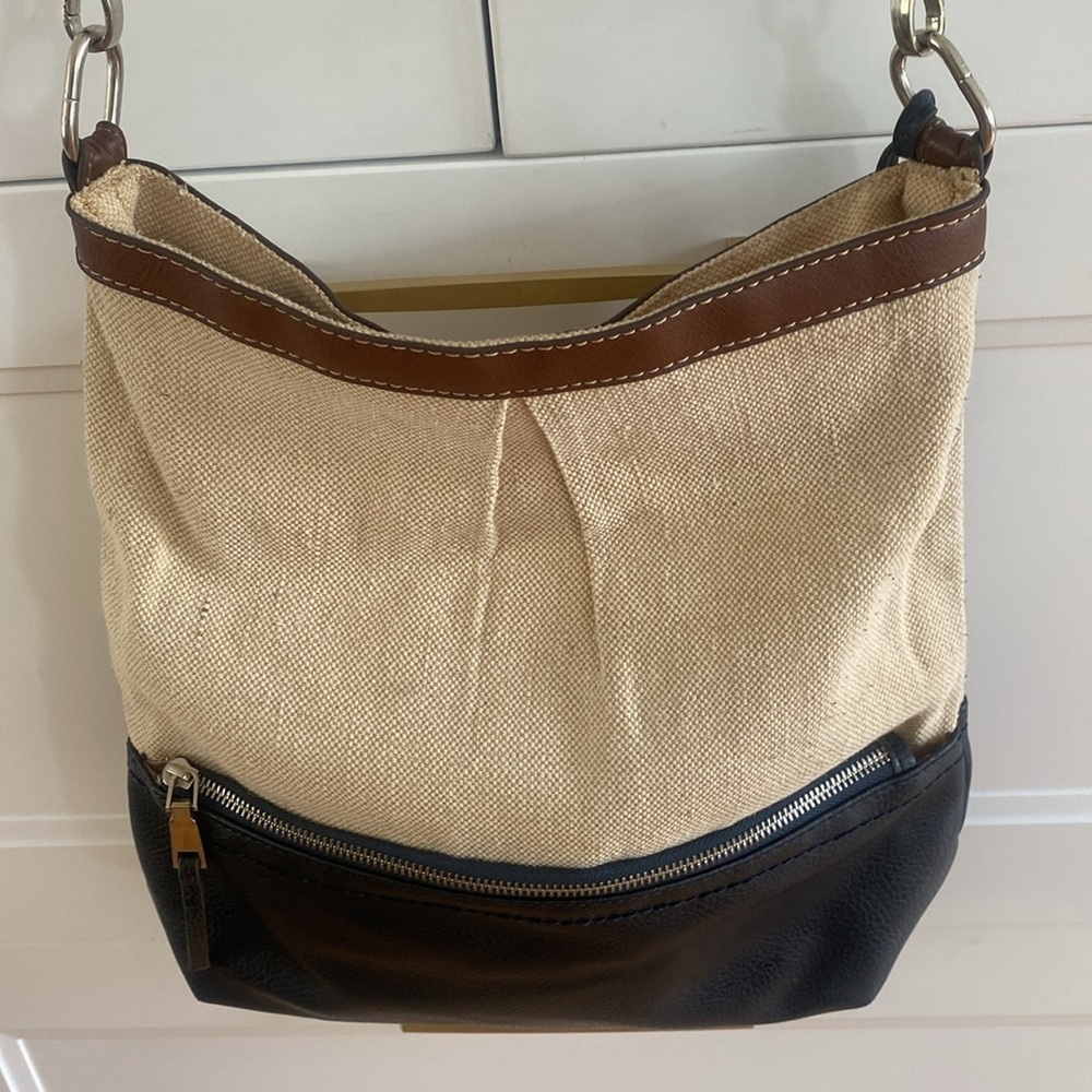 Two Tone Beige/Black Canvas Faux Leather Shoulder Bag w brown adjustable straps